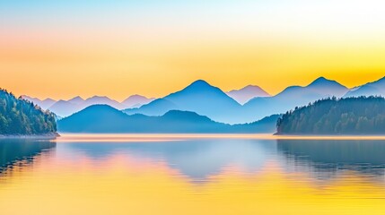 Fototapeta premium Tranquil Lake Landscape at Dawn with Soft Colors and Silhouetted Mountains in the Background