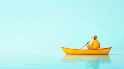 Fototapeta premium Serene Scene of a Man in a Yellow Boat on Calm Water with Clear Blue Sky and Tranquil Atmosphere