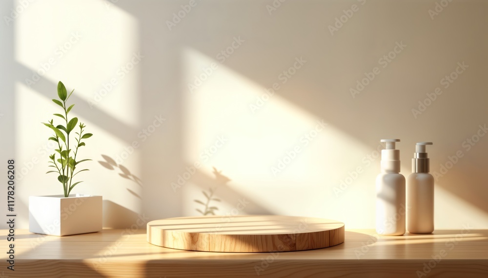 Poster natural wooden podium with sunlight casts shadows on white wall. empty display platform suitable for