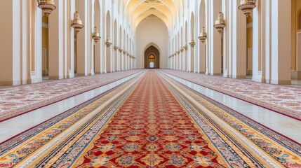 Obraz premium Elegant Hallway with Ornate Carpet Design and Grand Arches in a Bright Interior Space