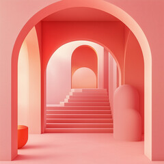 Fototapeta premium Arch and stairs in trendy minimal interior. 3d render illustration in modern geometric style. Coral pastel colors background for banners for product presentation.