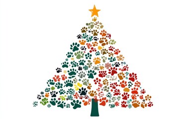 Whimsical holiday tree formed entirely from dog paw prints, with vibrant ornaments and a playful vibe, ideal for greeting cards, web designs, and holiday banners
