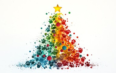 Whimsical holiday tree formed entirely from dog paw prints, with vibrant ornaments and a playful vibe, ideal for greeting cards, web designs, and holiday banners