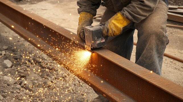 Skilled worker grinding steel beam with precision, focus on grinder and sparks, construction work