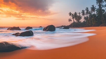Obraz premium Vibrant sunset over tropical beach with palm trees and rocks.