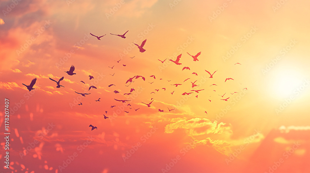 Poster a flock of birds flying in unison across an abstract sunset, with their forms blending into the sky,