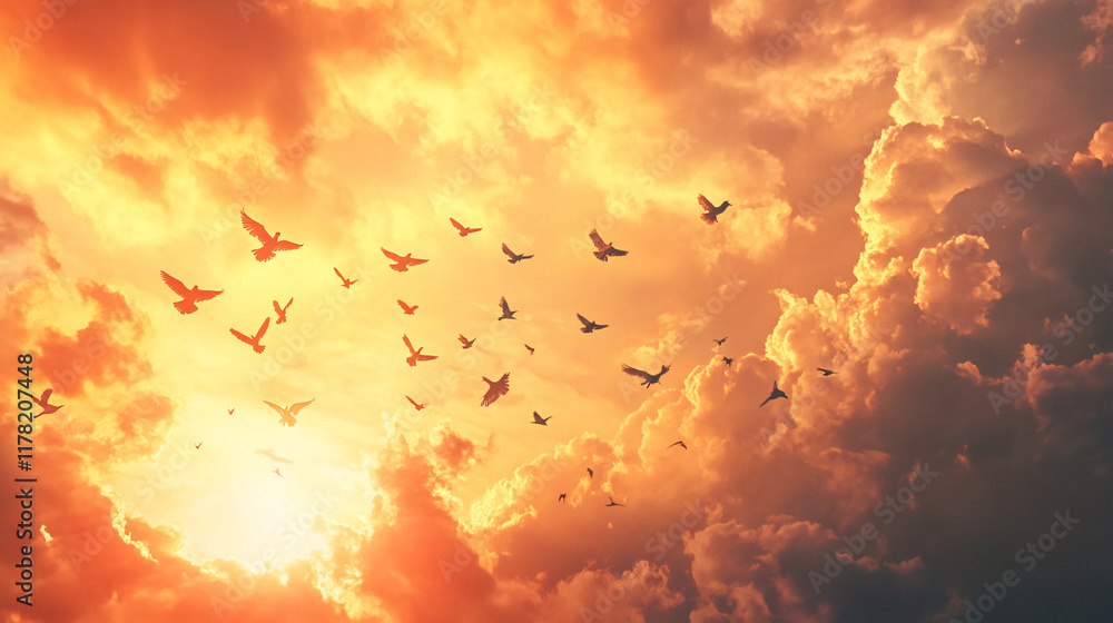 Poster a flock of birds flying in unison across an abstract sunset, with their forms blending into the sky,