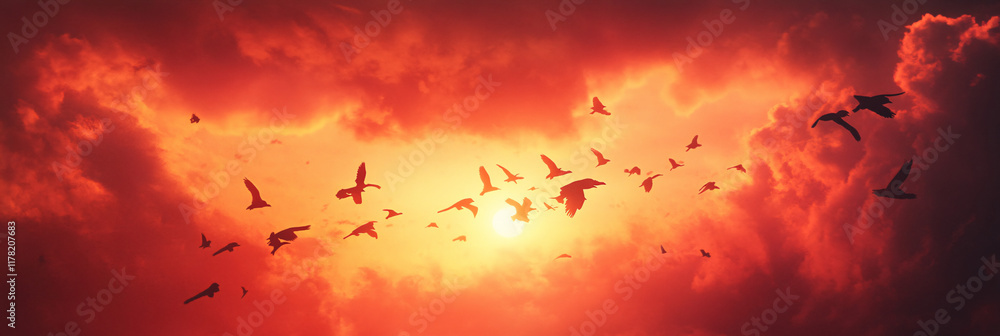 Poster a flock of birds flying in unison across an abstract sunset, with their forms blending into the sky,