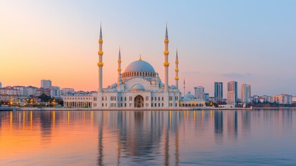 Obraz premium Serene Sunset Reflection of Mosque with Minarets Over Calm Waters in Cityscape