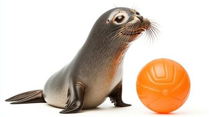 Obraz premium A playful seal beside an orange ball on a white background.
