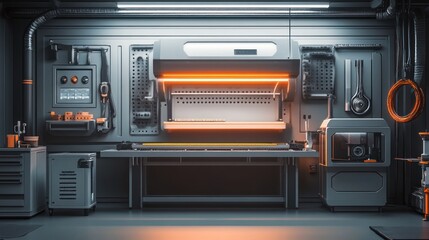 Obraz premium Futuristic workshop interior with tools and equipment.
