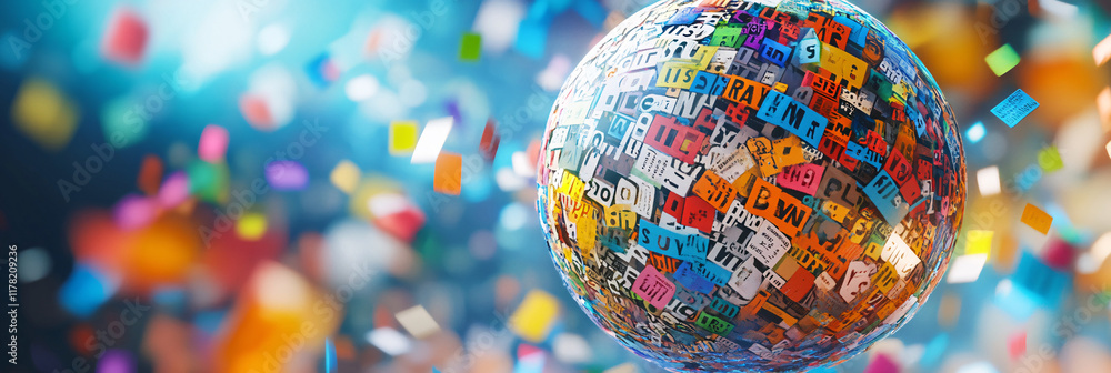 Poster a globe made of words from different languages, surrounded by abstract figures communicating through