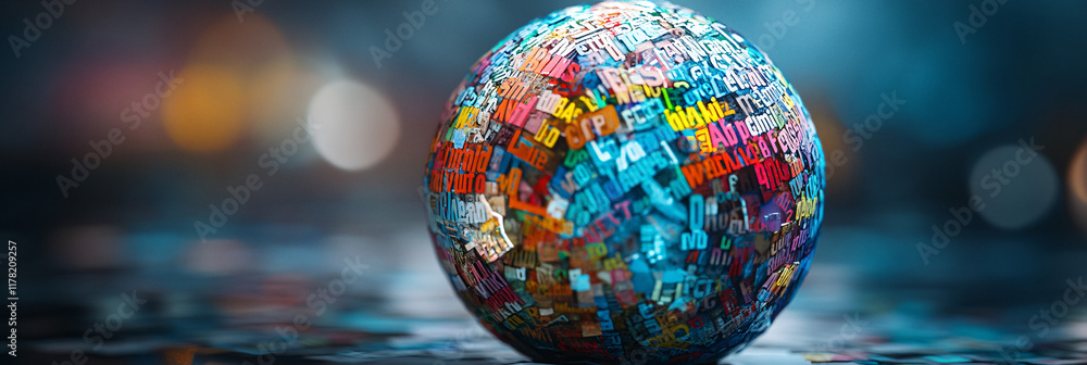 Poster a globe made of words from different languages, surrounded by abstract figures communicating through