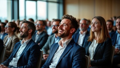 Fototapeta premium Businesspeople attending seminar. Group of business professionals. Formal wear. Cheerful atmosphere. Listening attentively to presentation. Company shareholder annual meeting. Conference hall. Modern