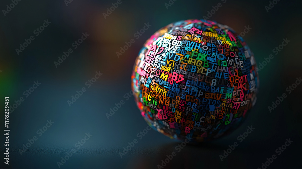 Poster a globe made of words from different languages, surrounded by abstract figures communicating through