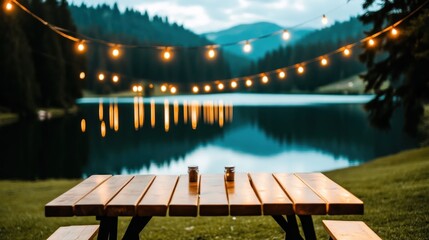 Romantic lakeside picnic table with string lights at dusk.