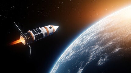 Fototapeta premium A spacecraft ignites its engines above Earth in space.