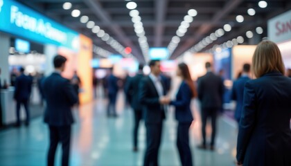 Blurred trade conference showing business professionals networking. Attendees gather at booths. Event offers sense of collaboration, professional interaction. Commerce, industry professionals meet.
