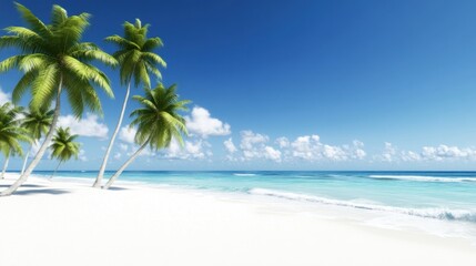 A serene beach scene with palm trees and clear blue skies.