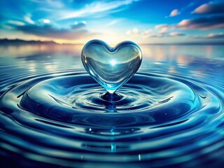 Vintage Style Water Heart: Abstract Blue Liquid Heart Floating in Ocean
