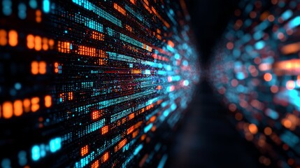 Obraz premium Digital Abstract Data Stream with Glowing Elements in Blue and Orange Colors