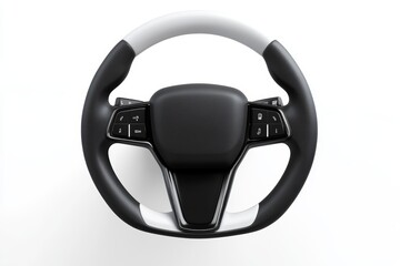 Close up of a steering wheel with a black and white design