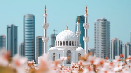 Obraz premium Majestic Mosque Surrounded by Modern Skyscrapers and Beautiful Blossoms in Cityscape