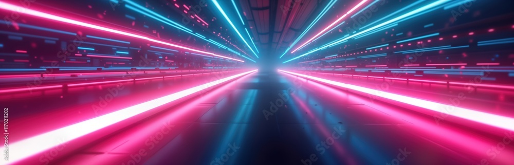 Poster Futuristic tech space shows neon glowing lines. Colorful lights create motion effect. Empty space with reflection on floor. Cyberpunk style virtual reality scene. Ideal for tech game design mockups.