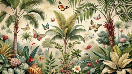 Obraz premium Vintage Tropical Forest Wallpaper: Palm Trees, Butterflies, Beige Background