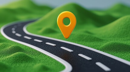 Yellow Location Pin on a Curved Road with Green Hills in Background