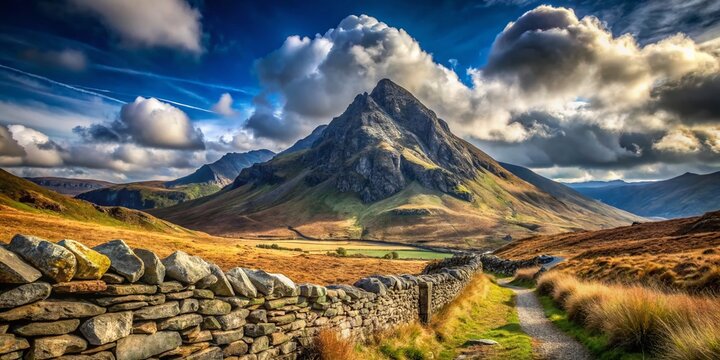 Vintage Tryfan Mountain Snowdonia Wales Landscape Photo - Stone Wall, Blue Sky