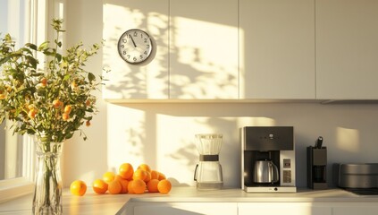 Sunlit kitchen counter with oranges, coffee maker, and vase.