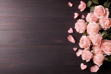 Delicate pink roses are arranged with heart-shaped petals on a dark wooden surface, creating a romantic atmosphere ideal for celebrations such as anniversaries or weddings