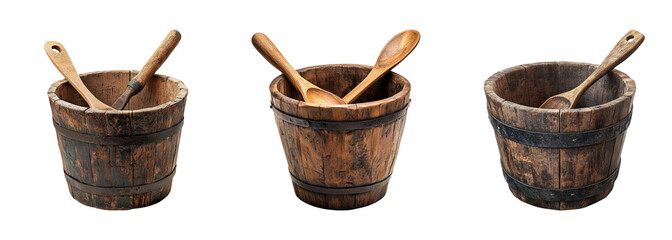 Wooden Buckets with Spoons on Transparent Background