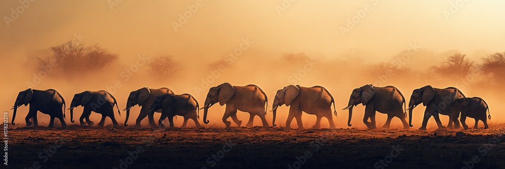 Poster a group of elephants crossing a dusty savannah, their silhouettes merging with abstract patterns of 
