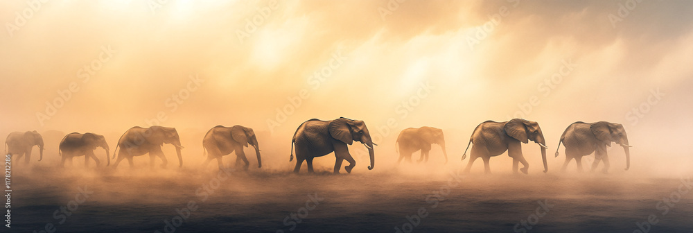 Poster a group of elephants crossing a dusty savannah, their silhouettes merging with abstract patterns of 