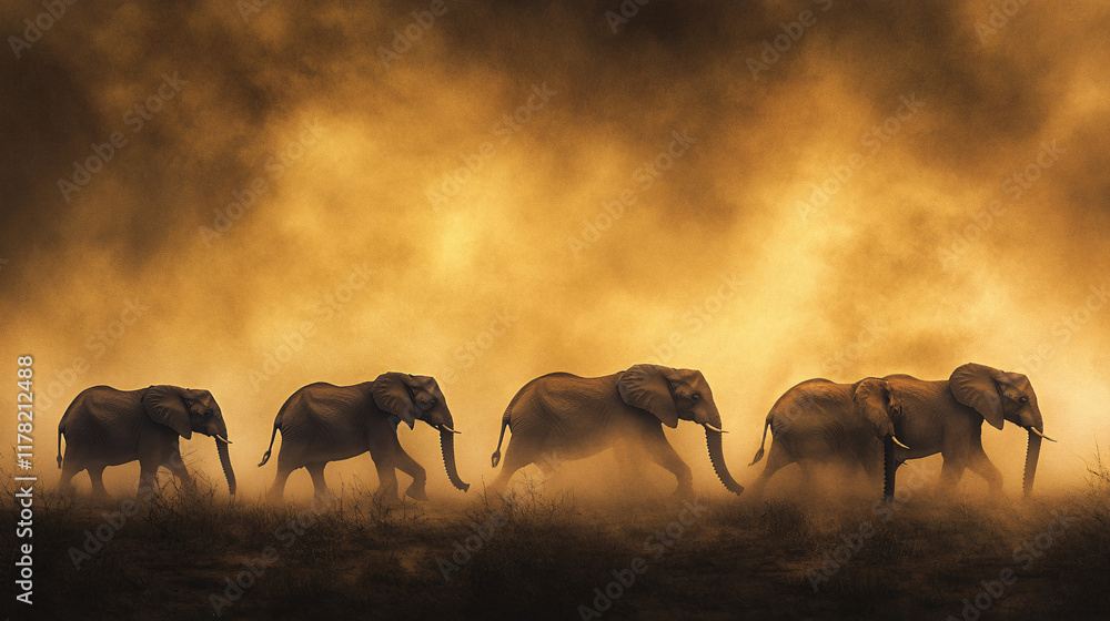 Poster a group of elephants crossing a dusty savannah, their silhouettes merging with abstract patterns of 