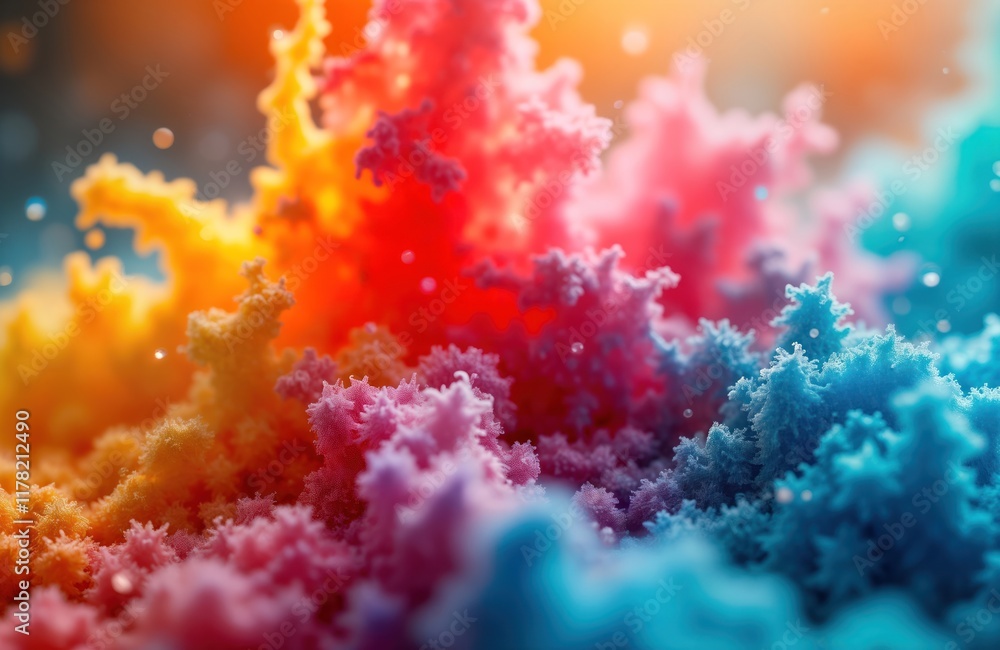 Poster Vibrant hues of inky colours merge in water creating mesmerizing swirls, patterns. Close-up view of dynamic colour blend. Fluid motion creates abstract design. Warm, cool colours mix seamlessly.