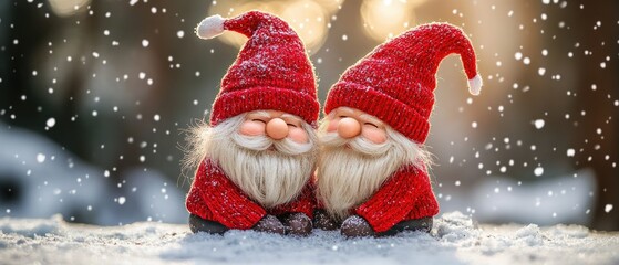 Two gnomes in snowy woods, holiday greeting card image