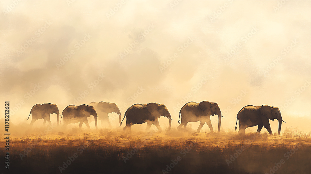 Poster a group of elephants crossing a dusty savannah, their silhouettes merging with abstract patterns of 