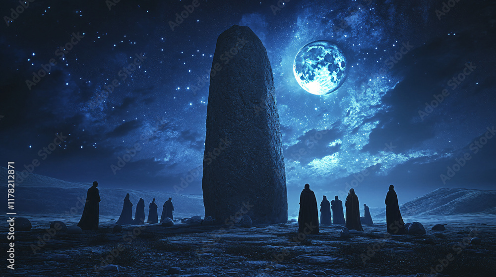 Poster a group of figures around a large stone monolith, performing a ritual under the moonlight, with swir