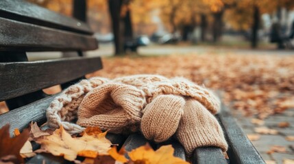 Knitted gloves and hat left on a park bench amidst fallen autumn leaves.