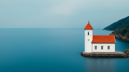 Serene Coastal Church on Island Surrounded by Calm Blue Waters and Mountains