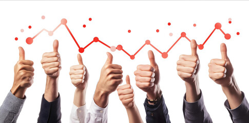 A group of hands with thumbs up in front of an upwardtrending graph The background is white and has a Red straight line There should be no text or other elements on th