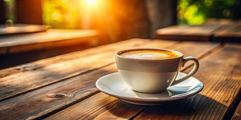 Warm Morning Coffee: White Cup on Rustic Wooden Table - Stock Photo