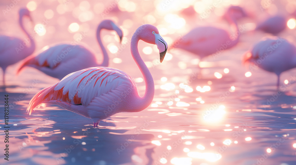 Poster a group of flamingos wading in a shimmering lake, their reflections creating abstract patterns on th