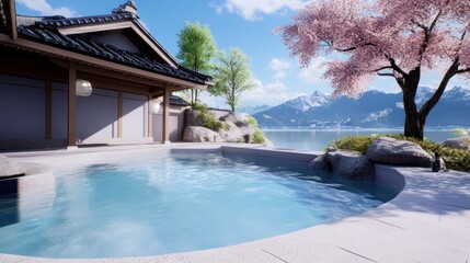Fototapeta premium Serene outdoor pool beside a traditional building with cherry blossoms.