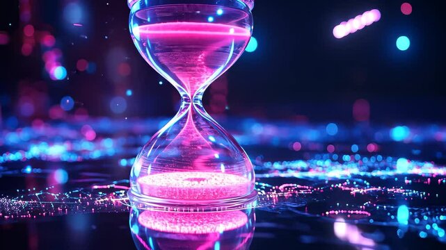 Futuristic digital hourglass with glowing neon particles flowing in a vivid display, Futuristic Digital Hourglass with Flowing Neon Particles