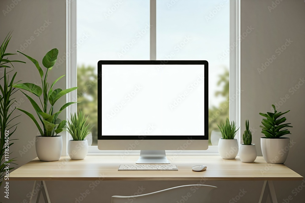 Poster computer monitor on a desk between houseplants by a window with daylight.