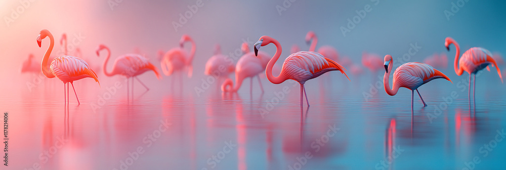 Poster a group of flamingos wading in a shimmering lake, their reflections creating abstract patterns on th